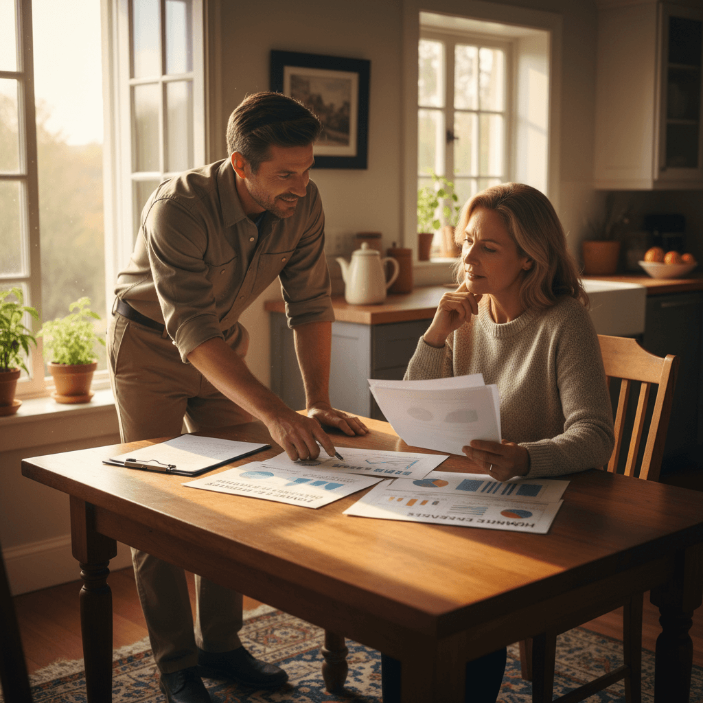 Inspector and homeowner reviewing energy audit findings