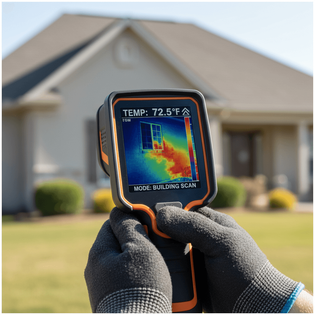 Thermal imaging camera showing energy loss analysis on home exterior