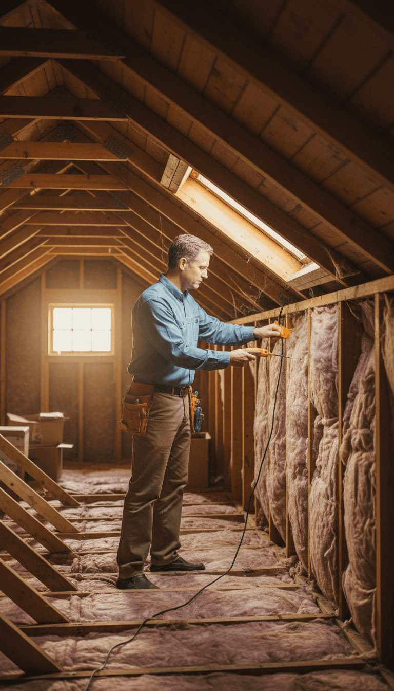 Inspector assessing attic insulation and moisture levels in residential home