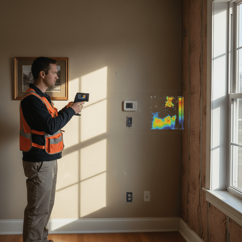 Energy inspector using thermal imaging on home wall
