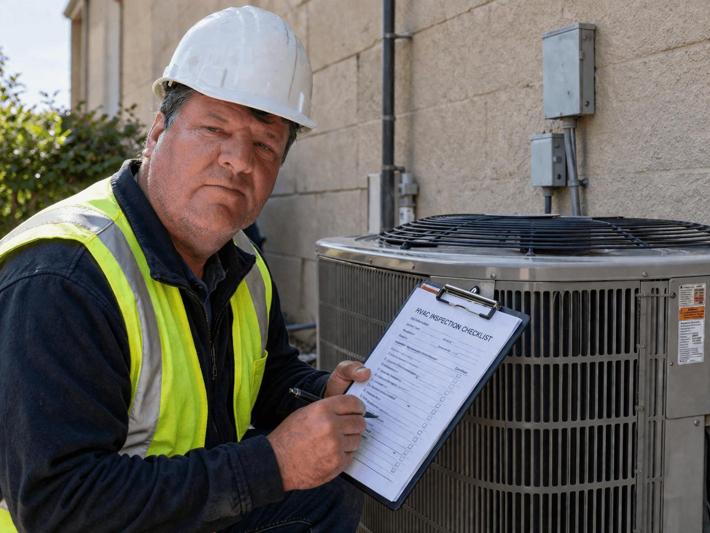 HVAC technician in safety gear holding a checklist next to an outdoor unit.